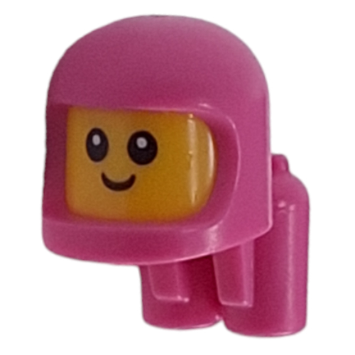 Minifig Head Special, Baby with Helmet and Airtanks, Yellow Head Pattern, Face with White Pupils print Dark Pink