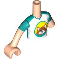Minidoll Torso with Left Limb Reduction, White/Dark Turquoise Shirt, Fox on Bright Light Orange Background print, Light Nougat Arms and Hand Hellnougat