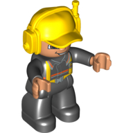 Duplo Figure with Headset and Cap Yellow, and Fireman Overalls Print Schwarz