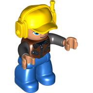 Duplo Figure with Headset and Cap Yellow, with Blue Legs, Brown Vest with Zippers over Black Shirt, Blue Oval Eyes Rotbraun