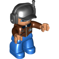 Duplo Figure with Headset and Cap Black, with Reddish Brown Top with ID Badge Print, Nougat Face and Hands, and Blue Legs Rotbraun