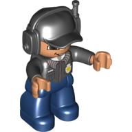 Duplo Figure with Headset and Cap Black, with Dark Blue Legs, Badge Print, Black Arms, Nougat Hands (Police) Schwarz