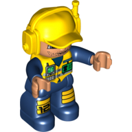 Duplo Figure with Headset and Cap Yellow, with Dark Blue Arms, and Legs, Yellow Knee Pads Print, and Yellow Vest with ID Badge and Radio Print Gelb