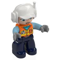 Duplo Figure with Headset and Cap White, Dark Blue Legs, Safety Vest, Light Nougat Face Print Orange