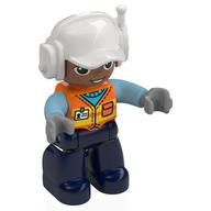 Duplo Figure with Headset and Cap White, Dark Blue Legs, Safety Vest Print Orange