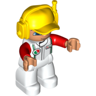 Duplo Figure with Headset and Cap Yellow, with White Race Suit with Red Sleeves and Octan Logo Print, Nougat Face and Hands, and White Legs Weiß