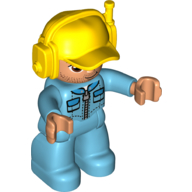 Duplo Figure with Headset and Cap Yellow, with Medium Azure Legs and Arms, Jacket with Pockets and Zipper Print Mittelazur