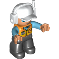 Duplo Figure with Headset and Cap White, with Medium Azure Arms, Orange Safety Vest, and Black Legs Orange