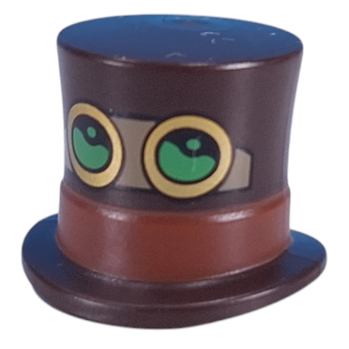 Top Hat with Reddish Brown Band, Dark Tan Strap, Gold Goggles, Bright Green Glass print Dark Brown