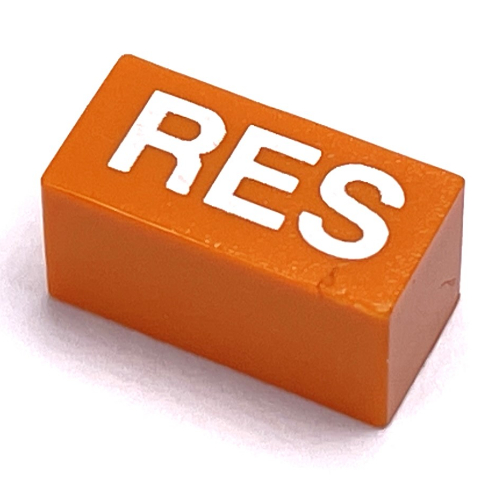 Modulex Tile 1 × 2 with White 'RES' Print, without Internal Supports in Modulex Red