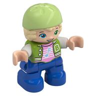 Duplo Figur Kind mit Haaren und Fahrradhelm gelblichgrün, blaue Beine, Jacke, Musiknote (bedruckt) in Limette
