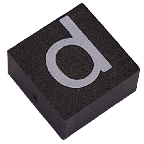 Modulex Tile 2 × 2 with White 'd' Print, without Internal Supports in Modulex Fliesengrau