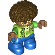 Duplo Figure Child, Afro Dark Brown, Blue Legs, Green Bug on Shirt, Bright Light Yellow Glasses Print Lime