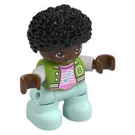 Duplo Figure Child, Afro Black, Light Aqua Legs, Bright Pink Shirt Print Lime