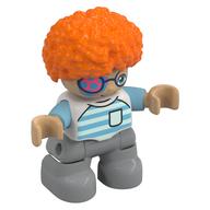 Duplo Figure Child, Afro Dark Orange, Light Bluish Gray Legs, Dark Azure Sleeves Weiß