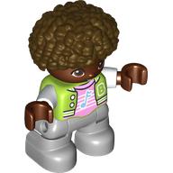 Duplo Figure Child, Afro Dark Brown, Light Bluish Gray Legs, Bright Pink Shirt with Music Note Print Lime