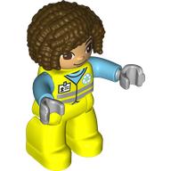Duplo Figure with Curly Hair Dark Brown, Vibrant Yellow Safety Suit with ID Badge and Recycling Symbol Print Vibrant Yellow