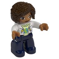 Duplo Figure with Curly Hair Dark Brown, Dark Blue Legs, Jacket over Yellowish Green Shirt Print White