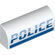 Brick Curved 1 × 4 × 1 1/3 No Studs with Medium Blue and Blue 'POLICE' print White