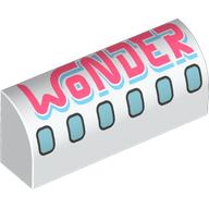 Brick Curved 1 × 4 × 1 1/3 No Studs with Airplane Windows, Coral 'WONDER' print White