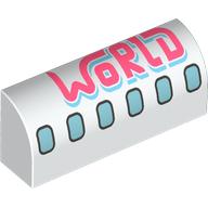 Brick Curved 1 × 4 × 1 1/3 No Studs with Airplane Windows, Coral 'WORLD' print White