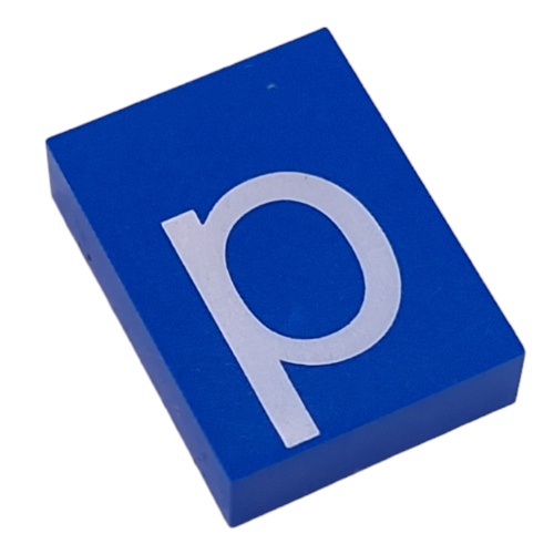 Modulex Tile 3 × 4 with White 'p' print, without Internal Supports in Modulex Tile Gray
