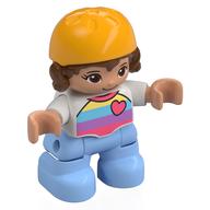Duplo Figure Child with Hair and Bike Helmet Bright Light Orange, Bright Light Blue Legs, Striped Shirt with Heart Print White