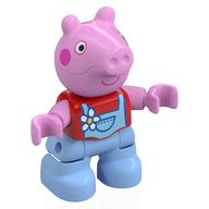 Duplo Figure Child, Pig with Dark Pink Cheeks, Flower, Bright Light Blue Overall print (Peppa Pig) Red