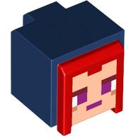 Minifig Head Special, Cube with Raised Light Nougat Face, Red Hair Print Dark Blue
