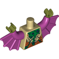 Torso with Bat Wings and Green and Purple Vein and Dark Orange Fur Print, Magenta Arms with Wings, Olive Green Hands Tan