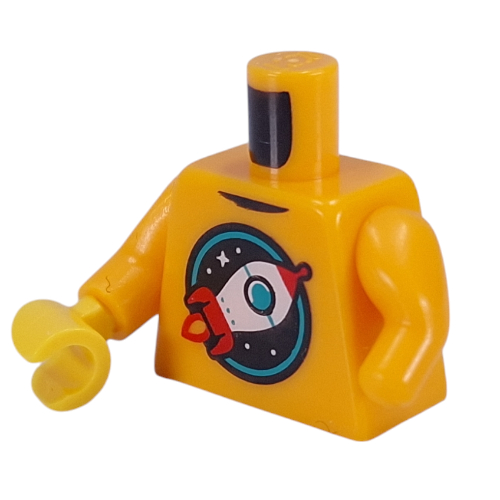 Torso, Retro Rocket on Black Background, Star, Dark Turquoise Circle print, Left Limb Reduction, Bright Light Orange Arms, Yellow Hand Bright Light Orange