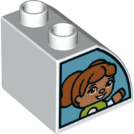 Duplo Brick 2 × 2 × 1 1/2 with Curved Top, and Window with Girl and Boy on Opposite Sides Print White