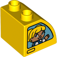 Duplo Brick 2 × 2 × 1 1/2 with Curved Top Girl with Yellow Hair, Boy with Blue Baseball Cap Print Yellow