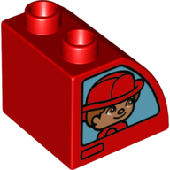 Duplo Brick 2 × 2 × 1 1/2 with Curved Top with Boy with Red Fire Hat Print Red