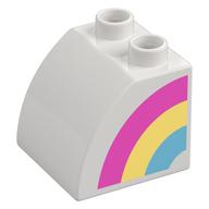 Duplo Brick 2 × 2 × 1 1/2 with Curved Top with Rainbow on Left Side Print Weiß
