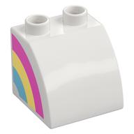 Duplo Brick 2 × 2 × 1 1/2 with Curved Top with Rainbow on Right Side Print White