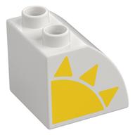 Duplo Brick 2 × 2 × 1 1/2 with Curved Top with Yellow Sun print Weiß