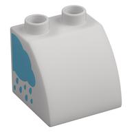 Duplo Brick 2 × 2 × 1 1/2 with Curved Top with Rainbow on Left Side, Rain Cloud on Right Side Print White