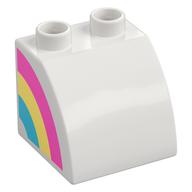 Duplo Brick 2 × 2 × 1 1/2 with Curved Top with Rainbow on Right Side, Rain Cloud on Left Side Print White