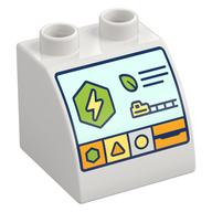 Duplo Brick 2 × 2 × 1 1/2 with Control Screen, Lightning Bolt, Leave, train, Shapes print Weiß