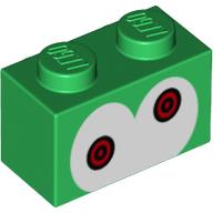 Brick Special 1 × 2 with 2 Studs on 1 Side with, White Eyes, Red Pupils print Green