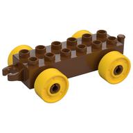 Duplo Car Base 2 × 6 with Fake Bolts, Open Hitch End and Yellow Wheels Reddish Brown