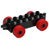 Duplo Car Base 2 × 6 with Fake Bolts, Open Hitch End and Red Wheels Black