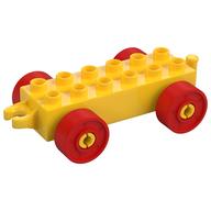 Duplo Car Base 2 × 6 with Fake Bolts, Open Hitch End and Red Wheels
