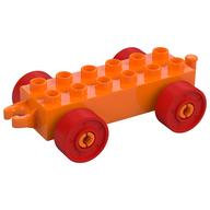 Duplo Car Base 2 × 6 with Fake Bolts, Open Hitch End and Red Wheels Orange