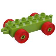Duplo Car Base 2 × 6 with Fake Bolts, Open Hitch End and Red Wheels Lime