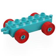Duplo Car Base 2 × 6 with Fake Bolts, Open Hitch End and Red Wheels Medium Azure
