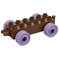 Duplo Car Base 2 × 6 with Fake Bolts, Open Hitch End and Lavender Wheels Reddish Brown