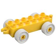 Duplo Car Base 2 × 6 with Fake Bolts, Open Hitch End and White Wheels Yellow