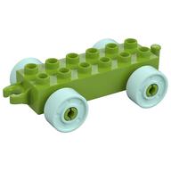 Duplo Car Base 2 × 6 with Fake Bolts, Open Hitch End and Light Aqua Wheels Limette